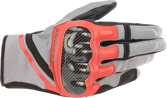 Alpinestars Chrome gloves in ash gray, black, and bright red, size XL, featuring protective knuckles and textured grip.