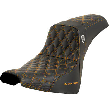 SADDLEMEN Pro Series SDC performance motorcycle seat with gold stitching for FXBB/FXST 2018-2023, without backrest, on a bike.