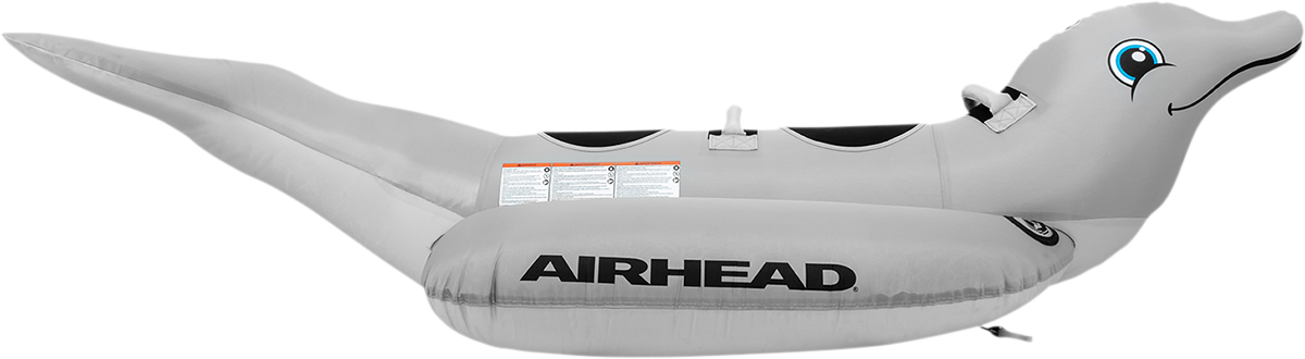Colorful dolphin-shaped water towable tube from AIRHEAD SPORTS GROUP, designed for fun rides behind boats.