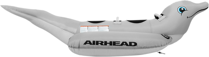 Colorful dolphin-shaped water towable tube from AIRHEAD SPORTS GROUP, designed for fun rides behind boats.