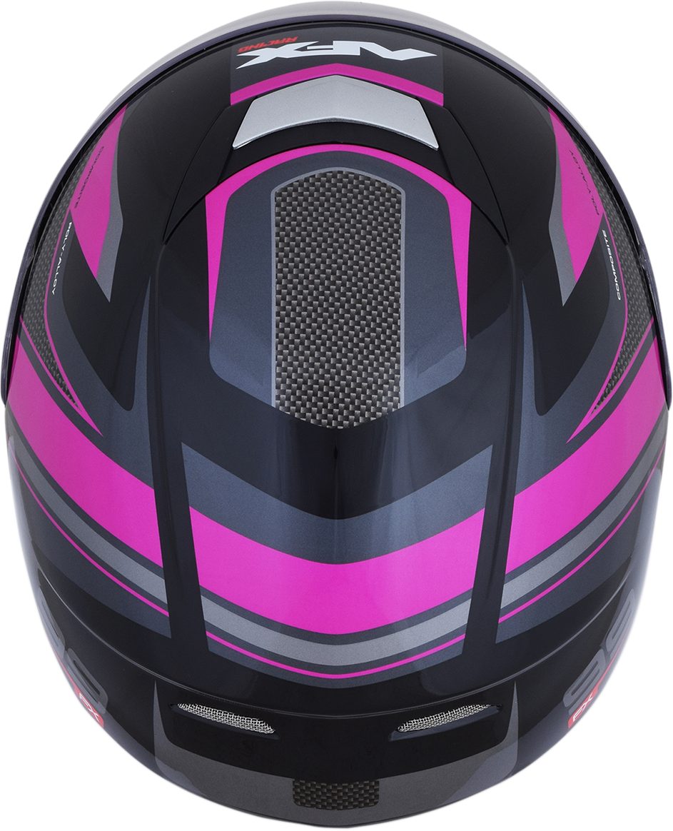 Black and fuchsia AFX FX-99 Recurve helmet in small size, featuring a sleek design with a secure chin strap and ventilation openings.