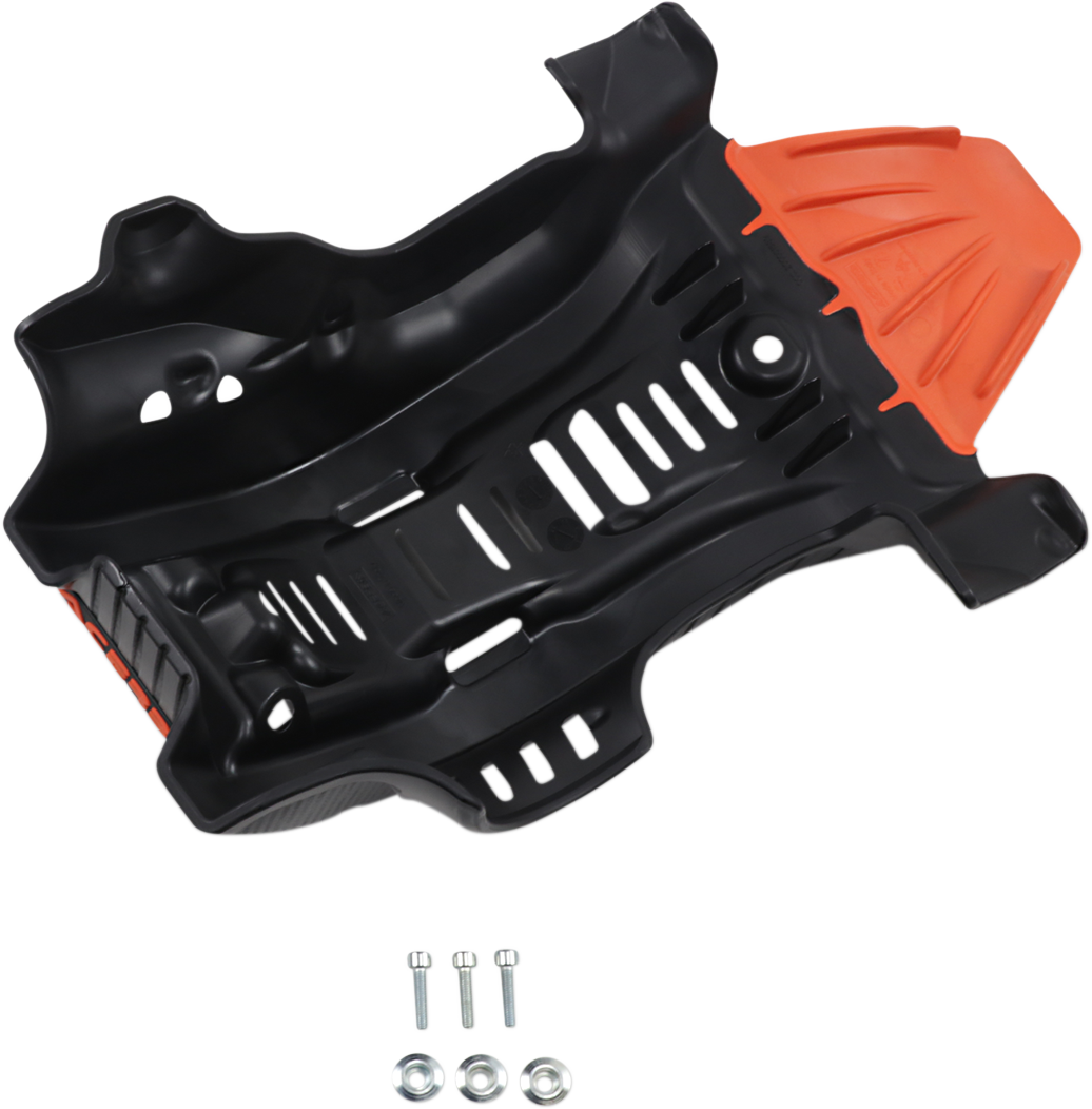 Black and orange ACERBIS skid plate for Gas Gas, Husqvarna, and KTM dirt bikes, designed to protect the motorcycle body.