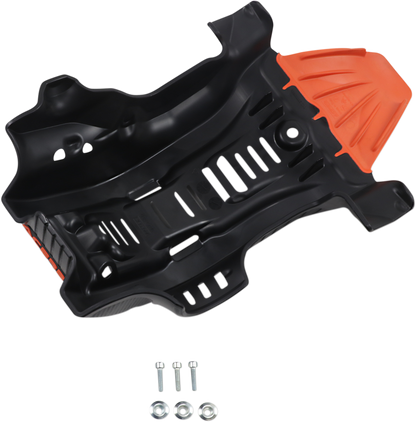Black and orange ACERBIS skid plate for Gas Gas, Husqvarna, and KTM dirt bikes, designed to protect the motorcycle body.
