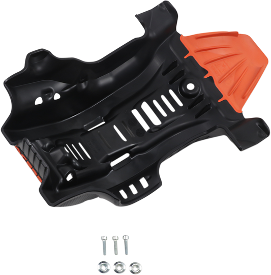Black and orange ACERBIS skid plate for Gas Gas, Husqvarna, and KTM dirt bikes, designed to protect the motorcycle body.