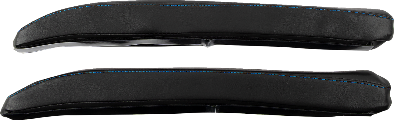 Black SHOW CHROME Kaliber armrest pads with blue stitching for Slingshot 2015-2022, designed for Bill's Exhausts engine accessories.