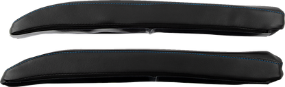 Black SHOW CHROME Kaliber armrest pads with blue stitching for Slingshot 2015-2022, designed for Bill's Exhausts engine accessories.