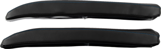 Black SHOW CHROME Kaliber armrest pads with blue stitching for Slingshot 2015-2022, designed for Bill's Exhausts engine accessories.