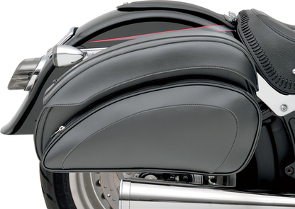 Bill's Exhausts Cruis'n Deluxe Saddlebags with mounting hardware, durable leather seats for motorcycle touring.