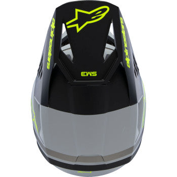 Youth ALPINESTARS SM3 helmet in matte gray, black, and yellow fluo with ventilation and adjustable straps, size small.
