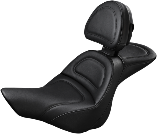 Bill's Exhausts SADDLEMEN Explorer Seat with driver backrest for FXSB 2013-2017 motorcycle, featuring comfortable padding and sleek design.