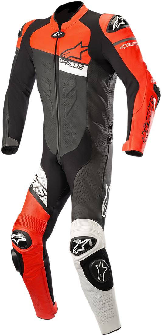 Alpinestars GP Plus Venom 1-piece leather motorcycle suit in black, red fluorescent, and white, US 46 / EU 56.