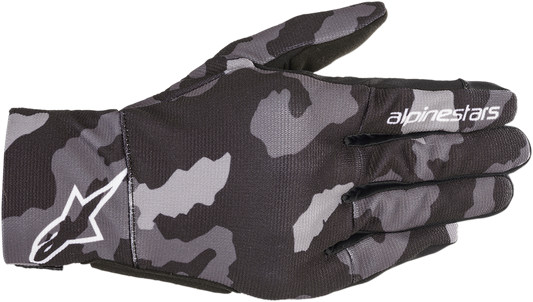 Alpinestars Reef Gloves in black and camo gray, large size, featuring durable fabric and protective design for motorcycle riding.