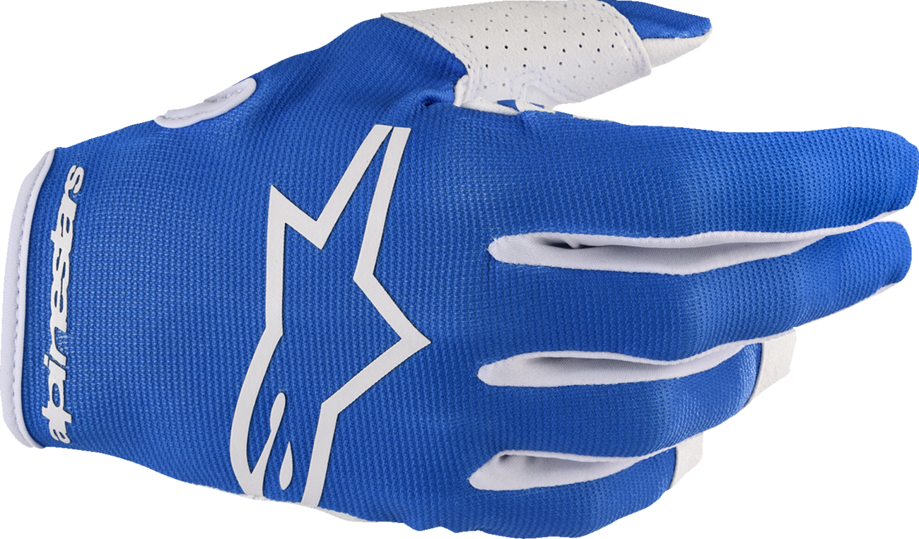 Alpinestars Youth Radar gloves in UCLA blue and white, medium size, featuring protective padding and adjustable wrist strap.