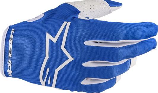 Alpinestars Youth Radar gloves in UCLA blue and white, medium size, featuring protective padding and adjustable wrist strap.