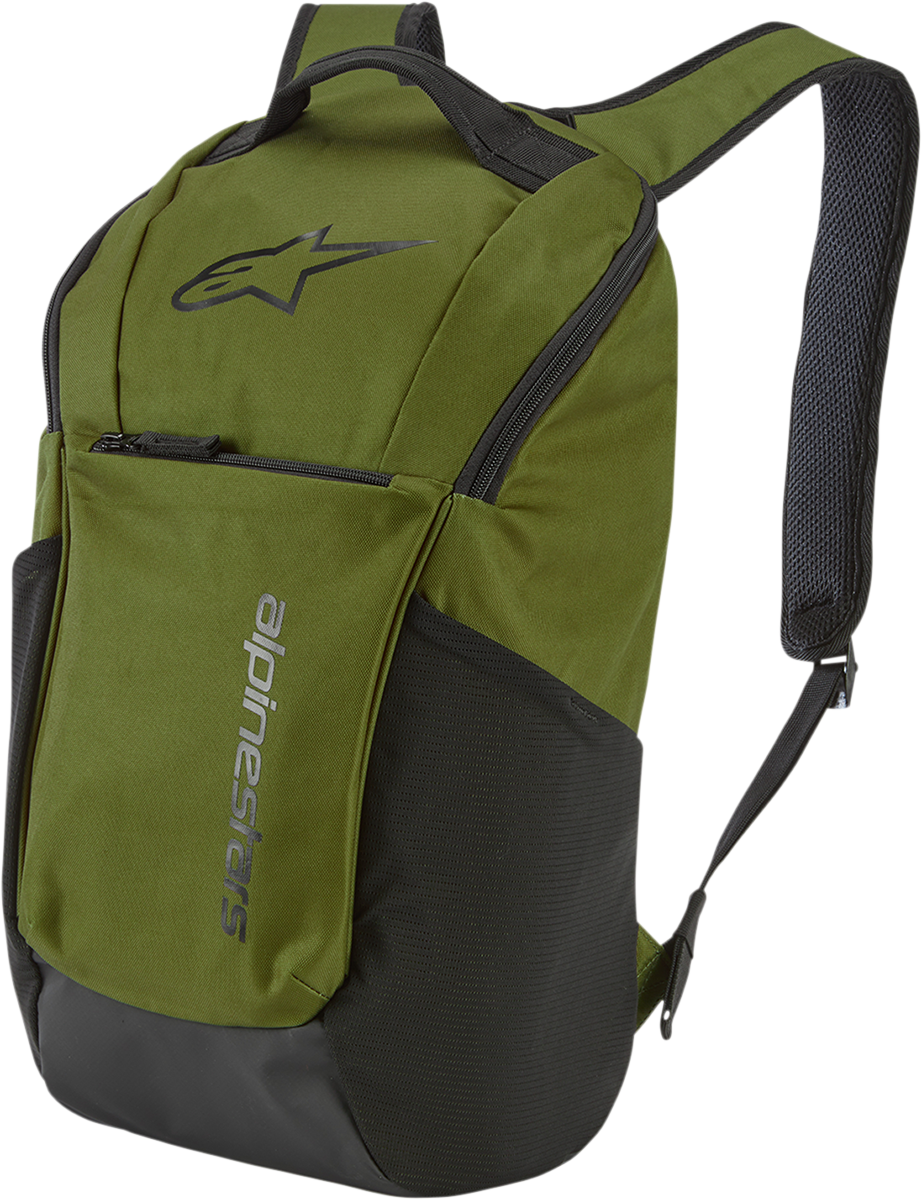 Alpinestars Defcon V2 backpack in military green with multiple compartments and adjustable straps, designed for protective gear storage.