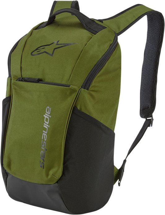 Alpinestars Defcon V2 backpack in military green with multiple compartments and adjustable straps, designed for protective gear storage.