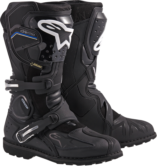 Black Alpinstars Toucan Gore-Tex motorcycle boots in US size 13, featuring durable construction and waterproof Gore-Tex lining.