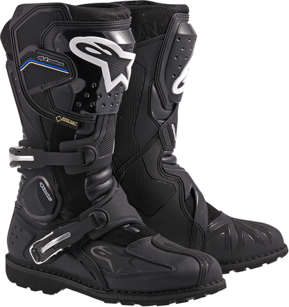 Alpinestars Toucan Gore-Tex motorcycle boots in black with reinforced soles and ankle protection, US size 10.
