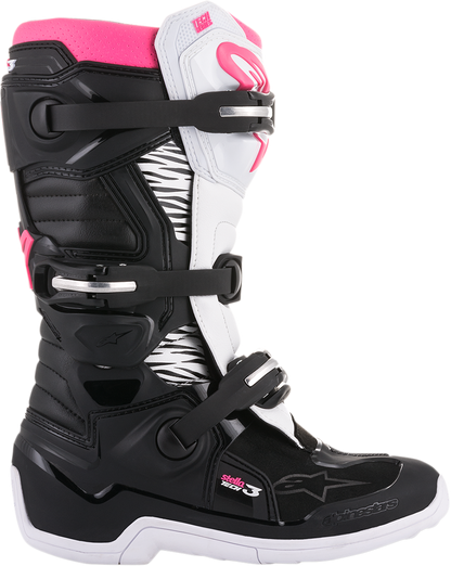 Alpinestars Stella Tech 3 motorcycle boots in black, white, and pink with protective design and adjustable straps.