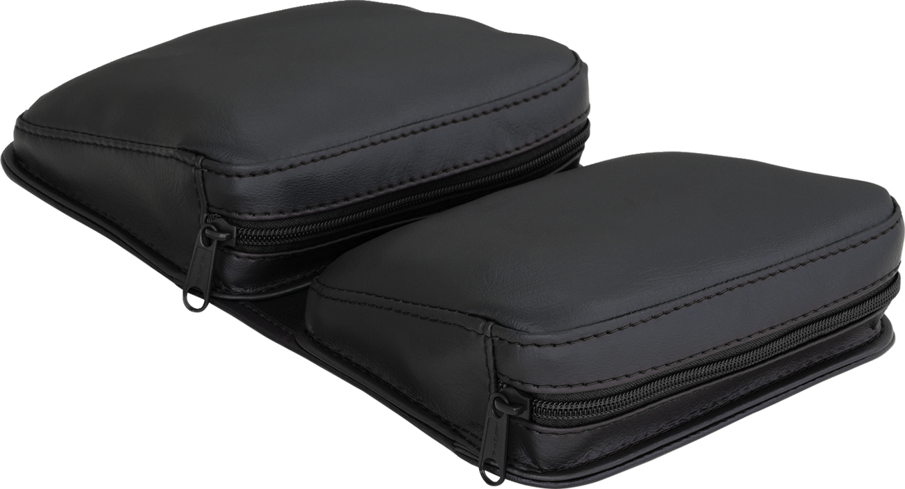 Bill's Exhausts Show Chrome Kaliber Dash Pouch in black, designed for engine storage, shown mounted on a motorcycle dashboard.