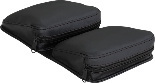 Bill's Exhausts Show Chrome Kaliber Dash Pouch in black, designed for engine storage, shown mounted on a motorcycle dashboard.