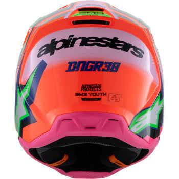 Youth ALPINESTARS SM3 motocross helmet in gloss orange fluo, purple, and pink fluo with large size, featuring aerodynamic design.