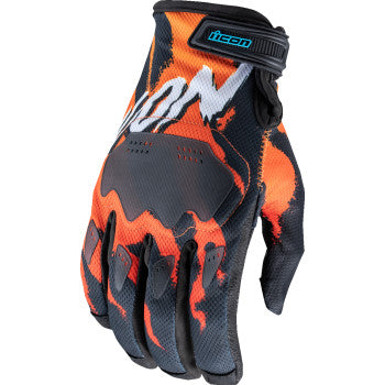 Bill's Exhausts ICON Hooligan Rad Dawn Gloves in orange, large size, showing textured fabric and secure wrist closure.
