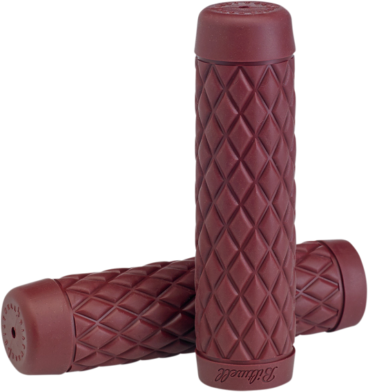 BILTWell Torker 1-inch motorcycle grips in Oxblood color with textured rubber surface and metal end caps.