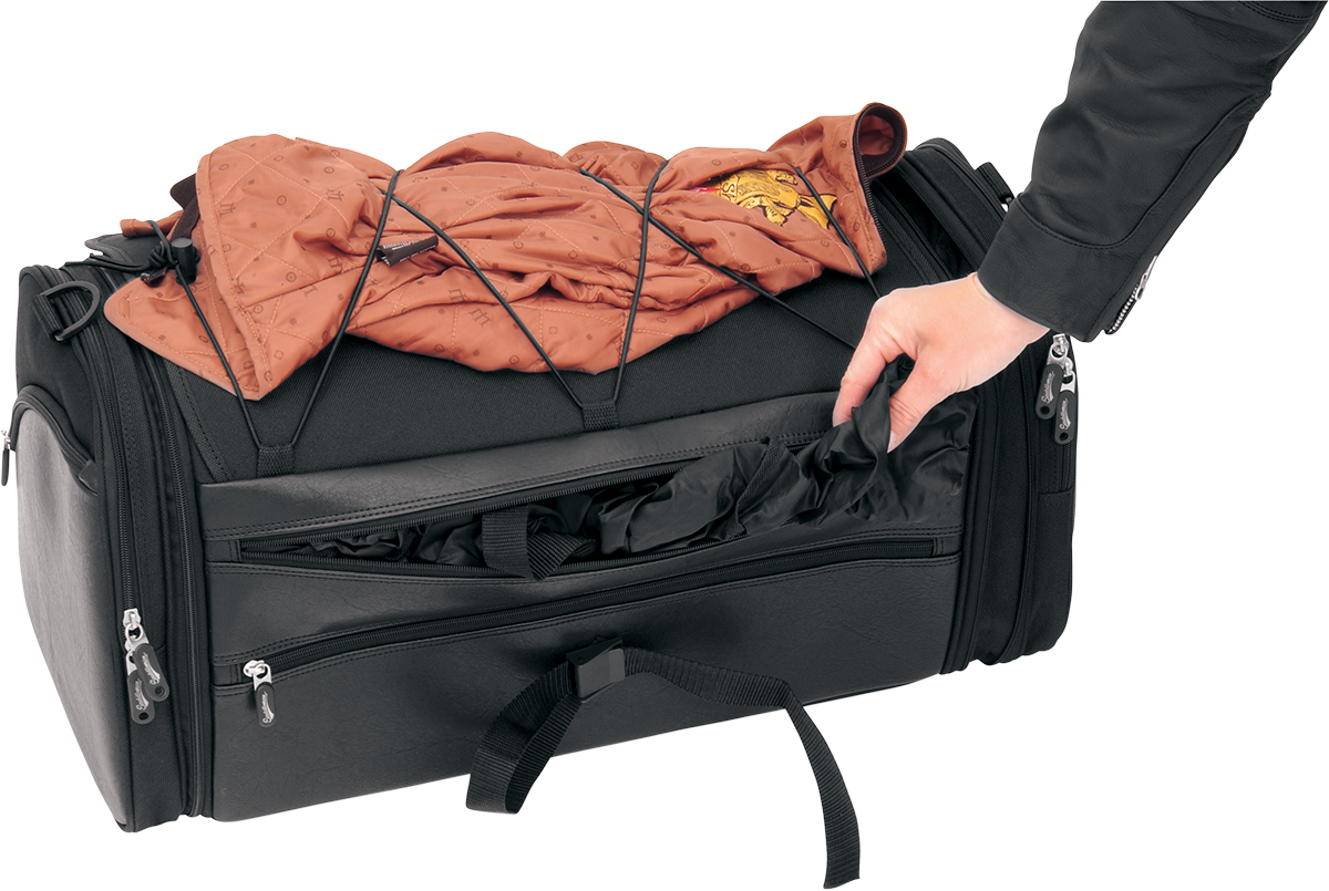 Bill's Exhausts Saddlemens TR3300DE Deluxe Rack Bag seat with sturdy black leather and metal buckles, designed for motorcycle storage.
