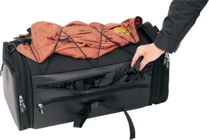 Bill's Exhausts Saddlemens TR3300DE Deluxe Rack Bag seat with sturdy black leather and metal buckles, designed for motorcycle storage.