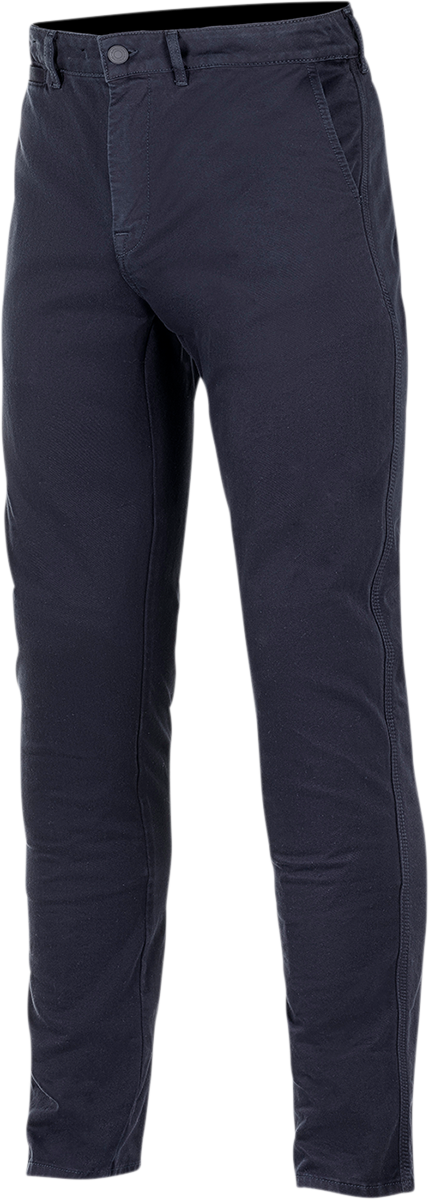 Blue Alpinstars Motochino v2 motorcycle pants with reinforced panels and zipper closure, US size 34, EU size 50.