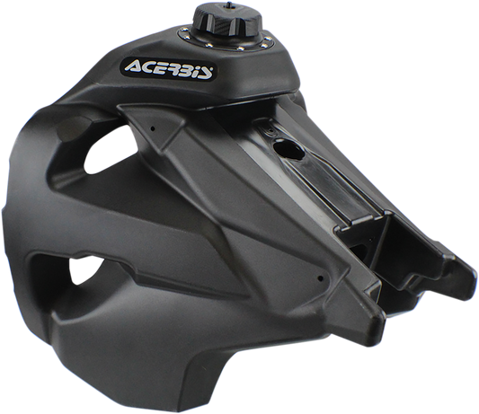 A black Acerbis gas tank for KTM motorcycles, 4.1 gallons capacity, mounted on a bike body with visible brand details.