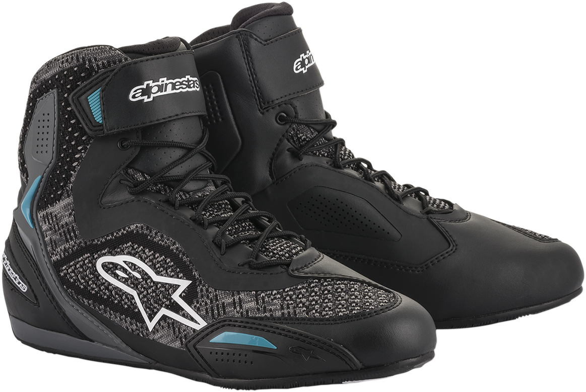 Black Alpinestars CR-X Drystar shoes in US 8.5, featuring durable design and textured sole for motorcycle riding comfort.