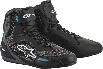Black Alpinestars CR-X Drystar shoes in US 8.5, featuring durable design and textured sole for motorcycle riding comfort.