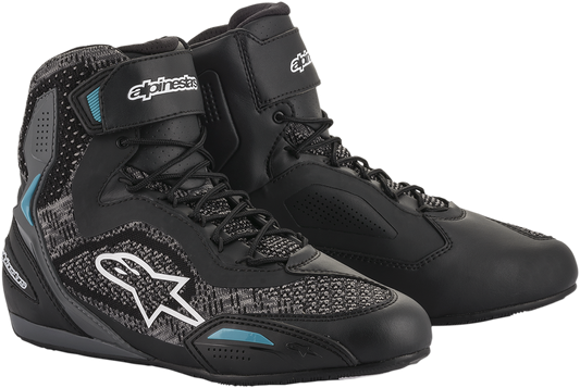 Alpinestars Stella Faster-3 Rideknit shoes in black and teal, US 8.5, featuring sleek design and Rideknit upper technology.