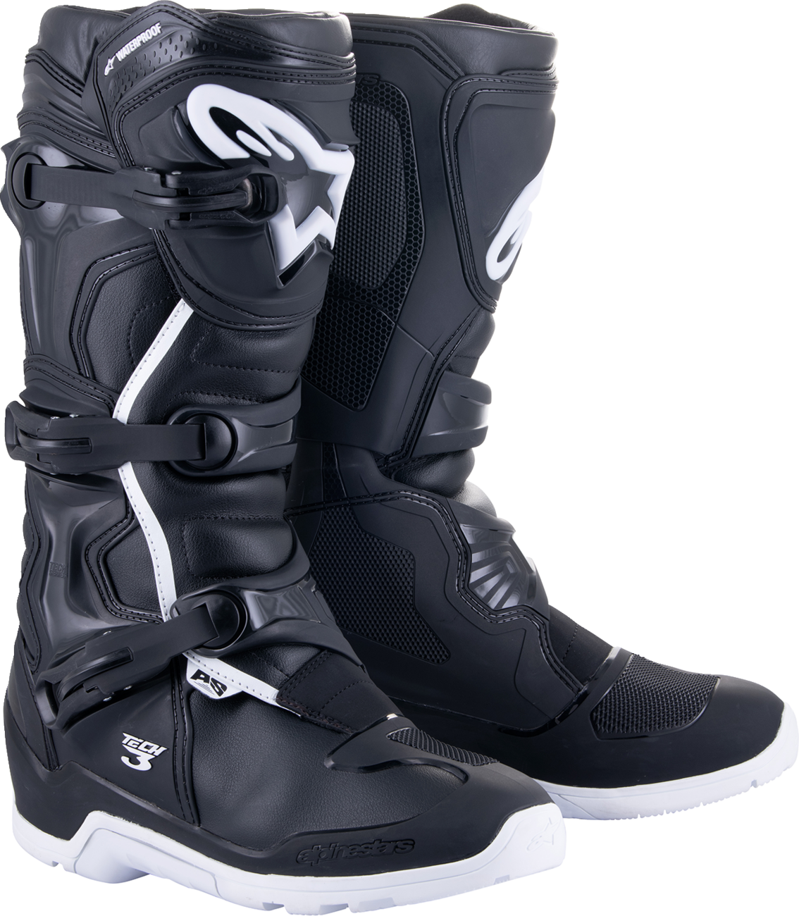Alpinestars Tech 3 Enduro waterproof motorcycle boots in black and white, US 14, with reinforced protection and rugged sole design.