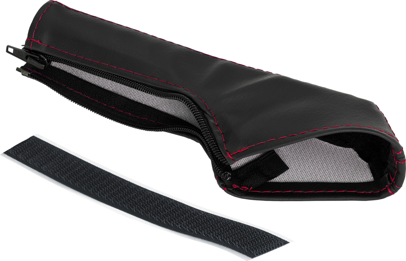 Bill's Exhausts SHOW CHROME E-Brake Cover for Slingshot with red stitching, engine component featuring chrome finish and detailed stitching.