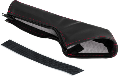 Bill's Exhausts SHOW CHROME E-Brake Cover for Slingshot with red stitching, engine component featuring chrome finish and detailed stitching.