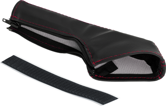 Bill's Exhausts SHOW CHROME E-Brake Cover for Slingshot with red stitching, engine component featuring chrome finish and detailed stitching.