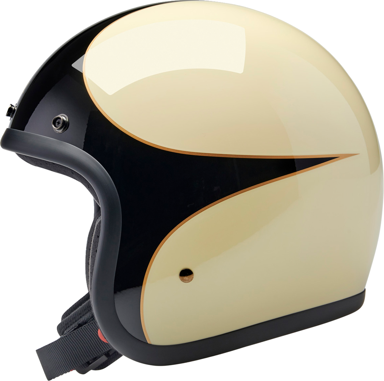 BILTWELL Bonanza helmet in gloss vintage white and black scallop design, XS size, featuring a sleek, retro-inspired motorcycle helmet style.