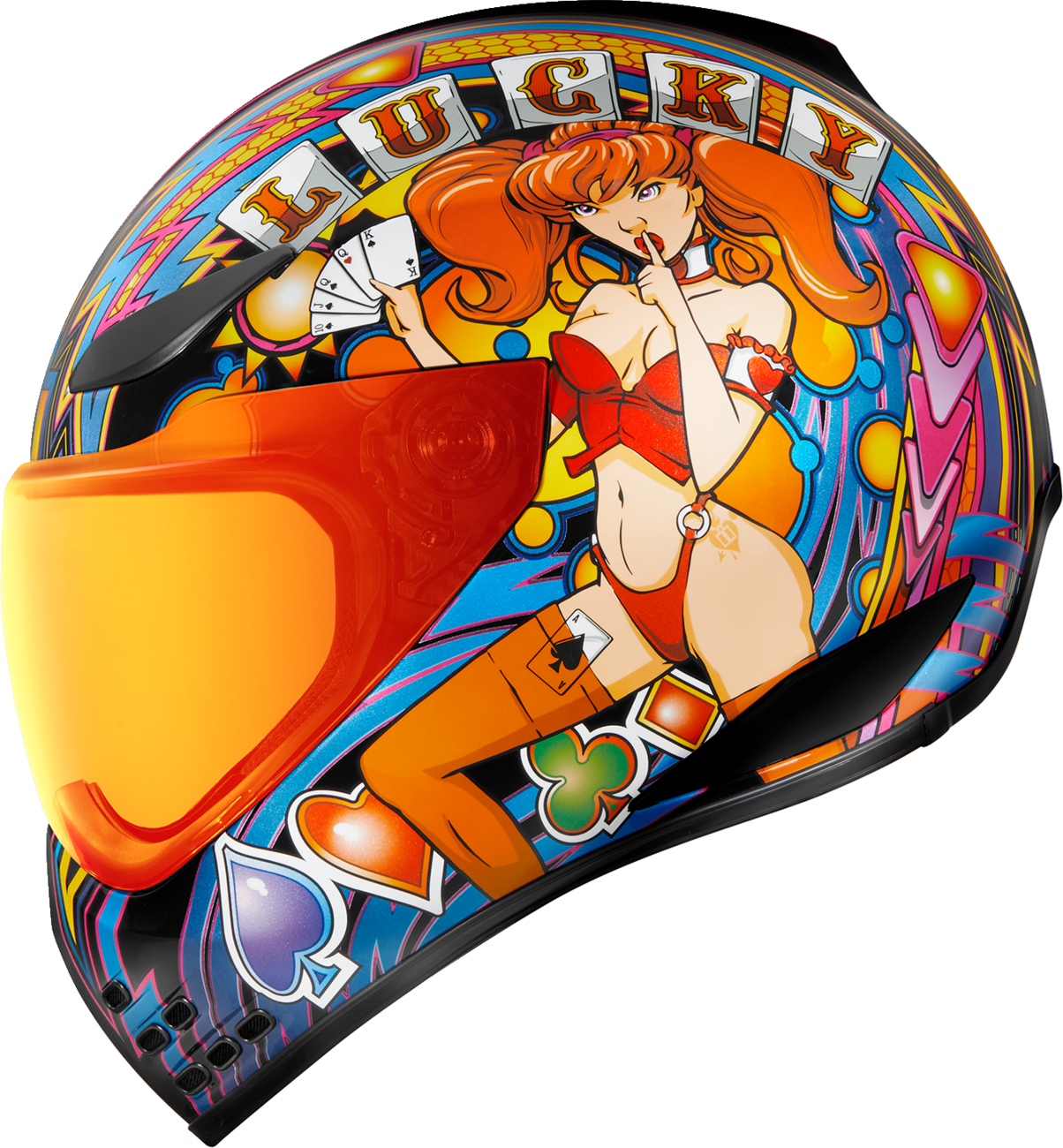 Icon Domain™ Helmet Lucky Lid 4 in red, small size, showcasing the helmet's vibrant design and sleek helmet shape.