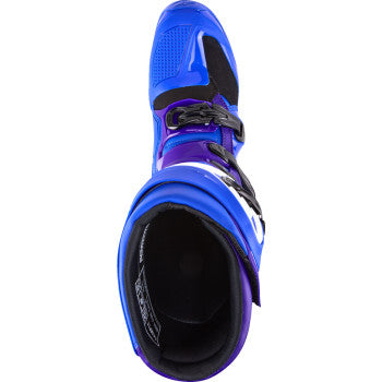 Blue Alpinestars Tech 7 motorcycle boots with reinforced ankle protection, US size 12, shown from the side.