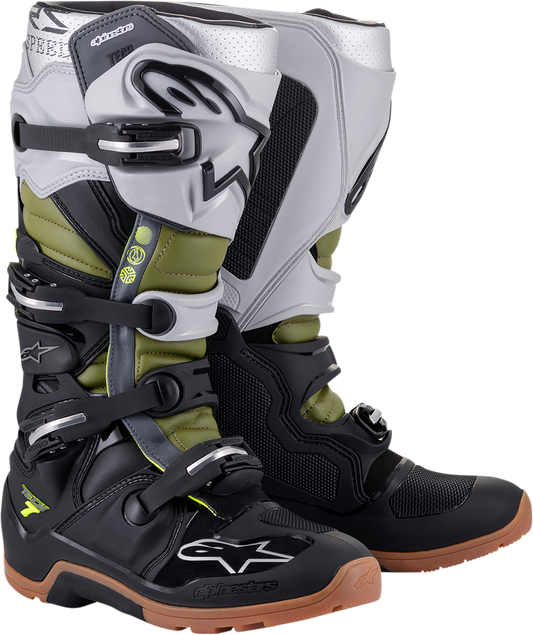 Alpinestars Tech 7 Enduro motorcycle boots in black, silver, and green with protective design and buckles, US size 13.