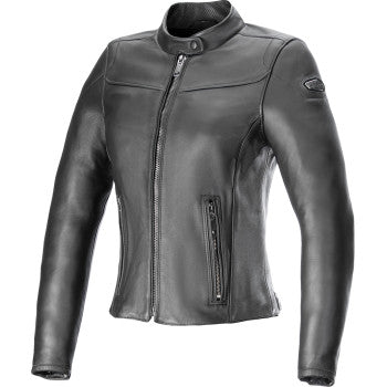 Black Alpinstars Stella Tory leather jacket in medium size, featuring stylish design and premium craftsmanship.