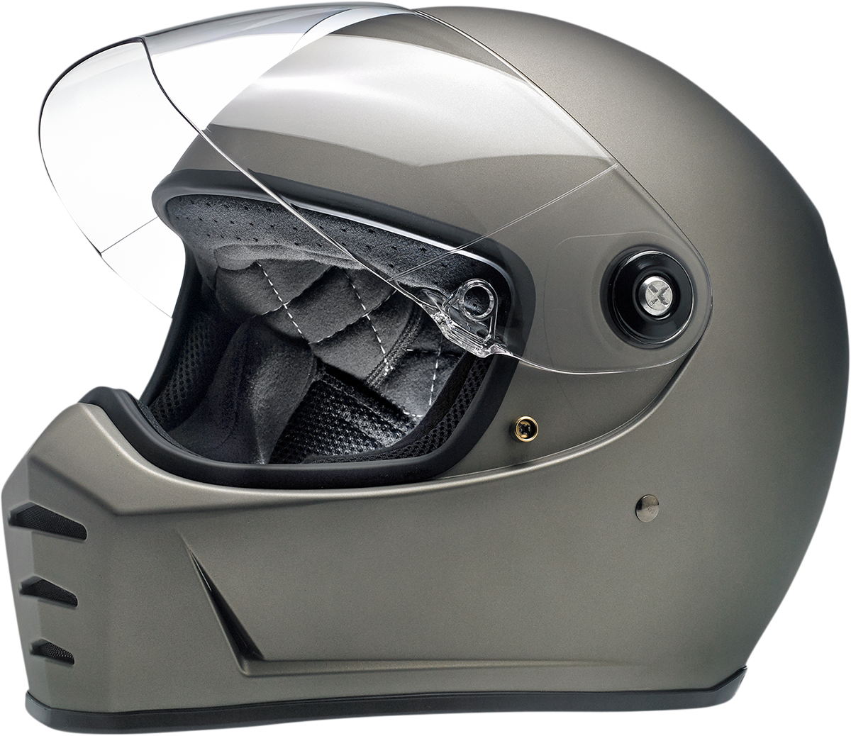 BILTWELL Lane Splitter helmet in flat titanium finish, XS size, with sleek aerodynamic design and secure strap.