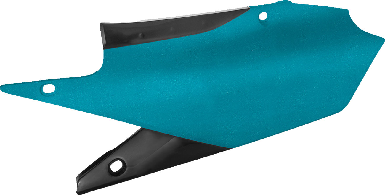 Acerbis teal and metallic body side panels for motorcycles, featuring sleek design and mounting points.