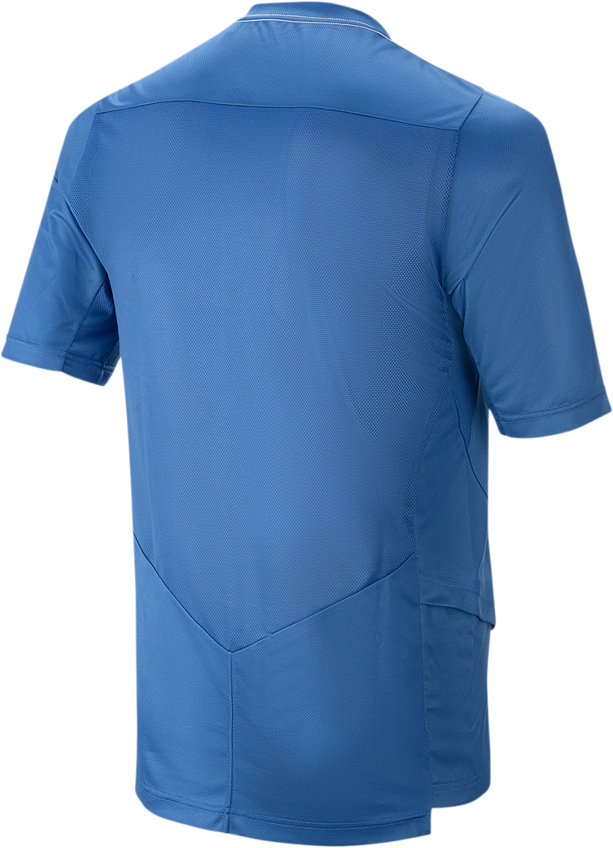Bill's Exhausts Alpinstars Drop 6.0 Blue Short-Sleeve Jersey, small size, lightweight motorcycle riding jersey.
