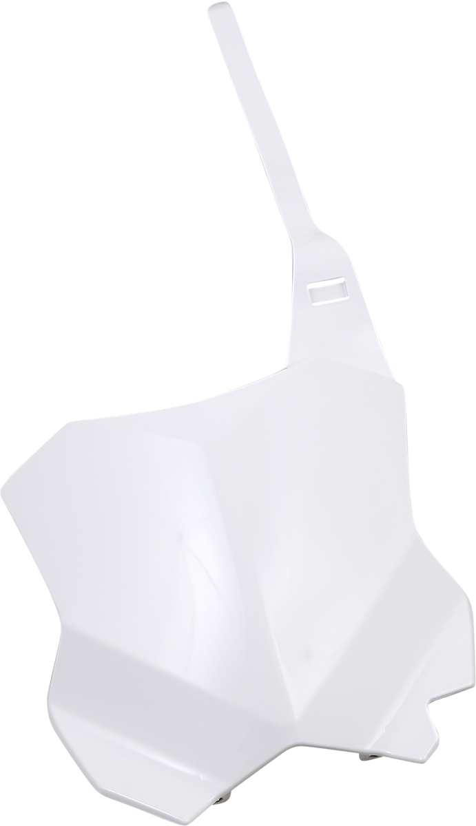 Acerbis white front number plate for motorcycle, mounted on bike body, displaying the product with brand branding visible.