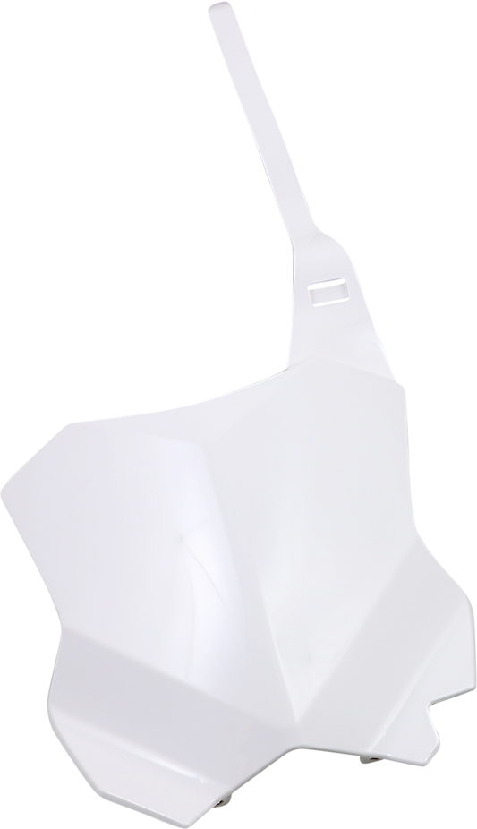 Acerbis white front number plate for motorcycle, mounted on bike body, displaying the product with brand branding visible.