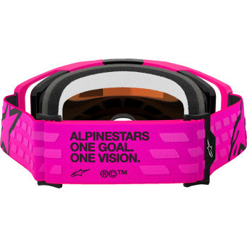 Alpinestars Vision 8 goggles with pink frame and red mirror lenses, designed for motorcycle or sports use.